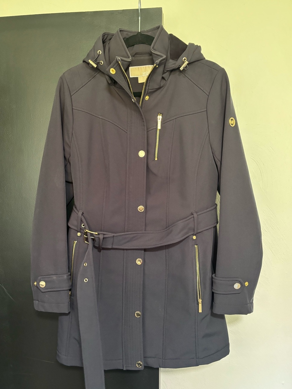 Michael Kors Navy Hooded Belted Coat with Gold Hardware
